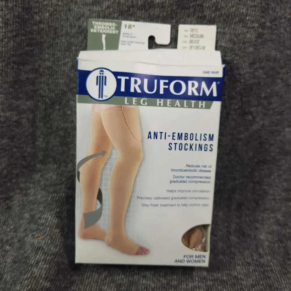 NEW TRUFORM Open Toe Thigh Length 18mmHg  Stockings BEIGE Size MEDIUM. 0810